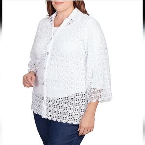 Ruby Rd Plus Size Lace Point Collar 3/4 Sleeve Scallop Edge Button-Front Blouse